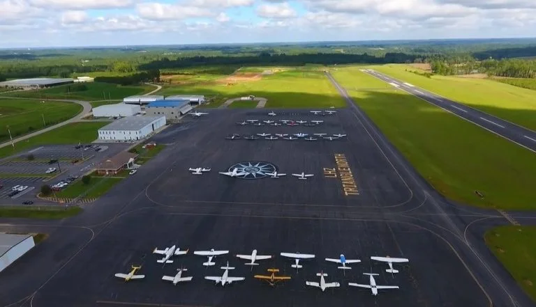 Aerial view of Franklin County airport. Little airplanes line the tarmac.