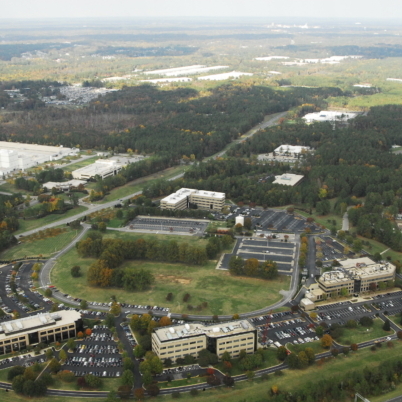 A wide aerial view of RTP with various facilities below.